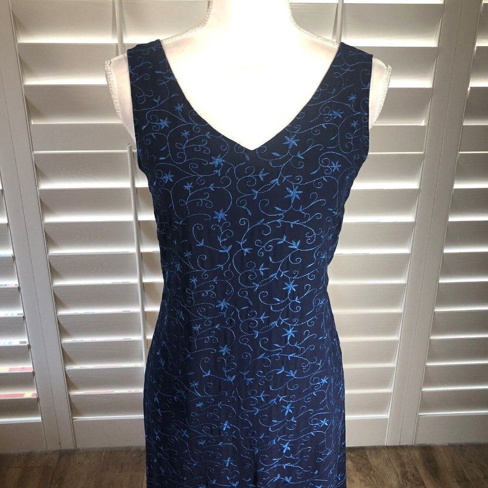 Vtg 90s Laura Ashley Navy Blue Sleeveless Tank Sheath 6 Turquoise Embroidery